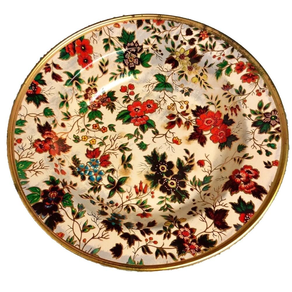 NEVCO Vintage Decorated Ware Floral Print Tin Plate Bowl #1780 Gold Tone Africa